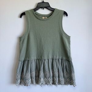 True Craft Sage Green Eyelet Lace Ruffle Sweatshirt Tank Top Boho Large
